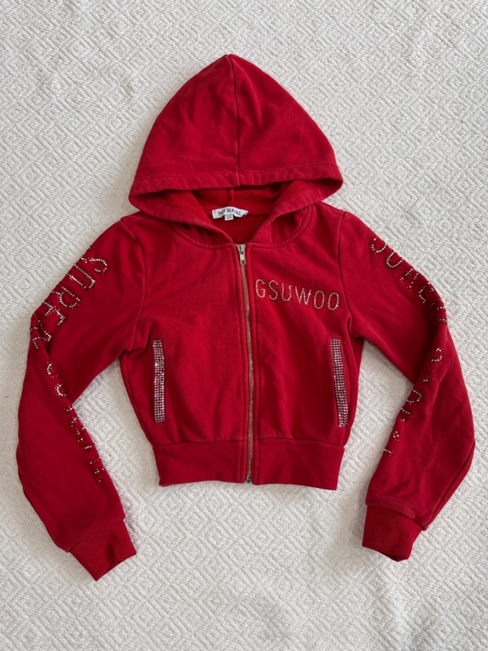 So Real GSUWOO Red Rhinestone Zip Hoodie Sz XS